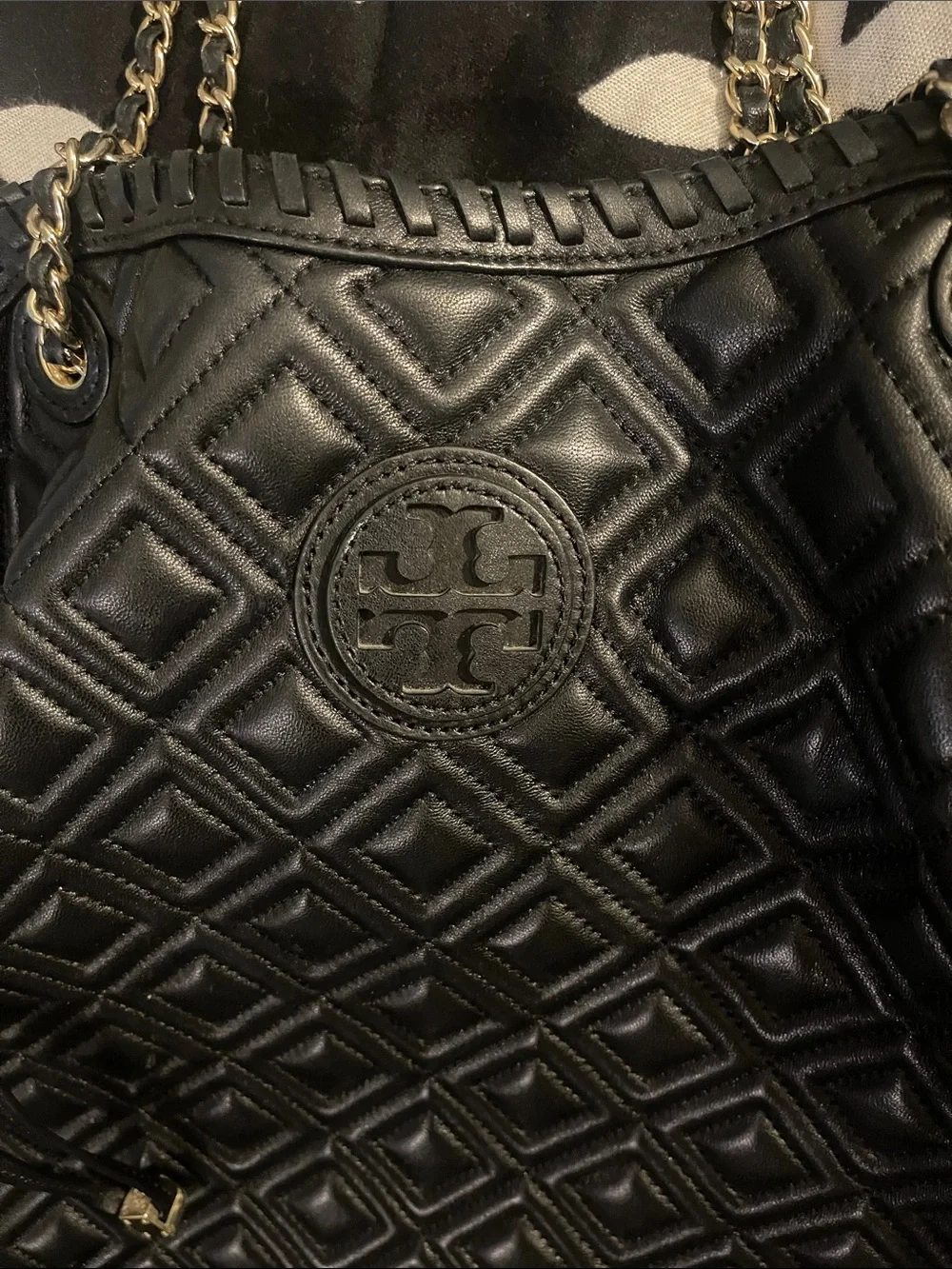 Tory Burch Quilted Black Leather Tote with Chain Handles